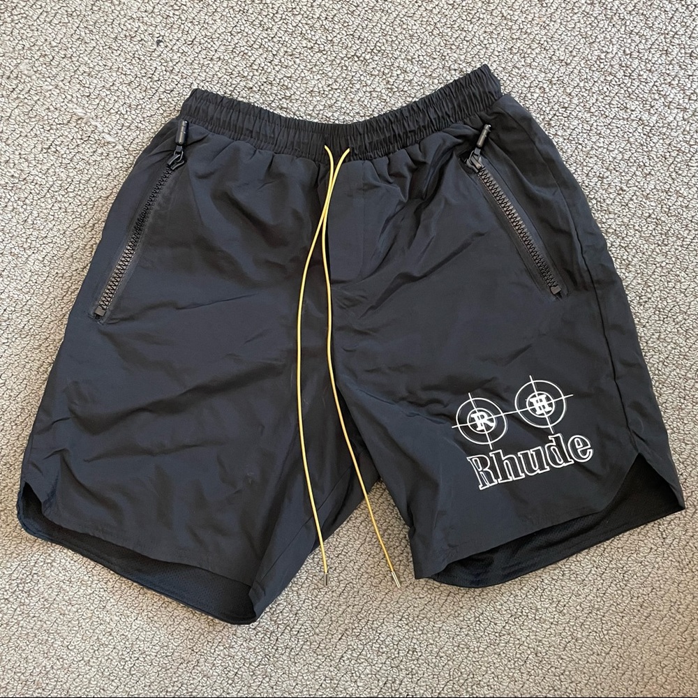 Rhude Neon Target Swim Trunks in Black & White